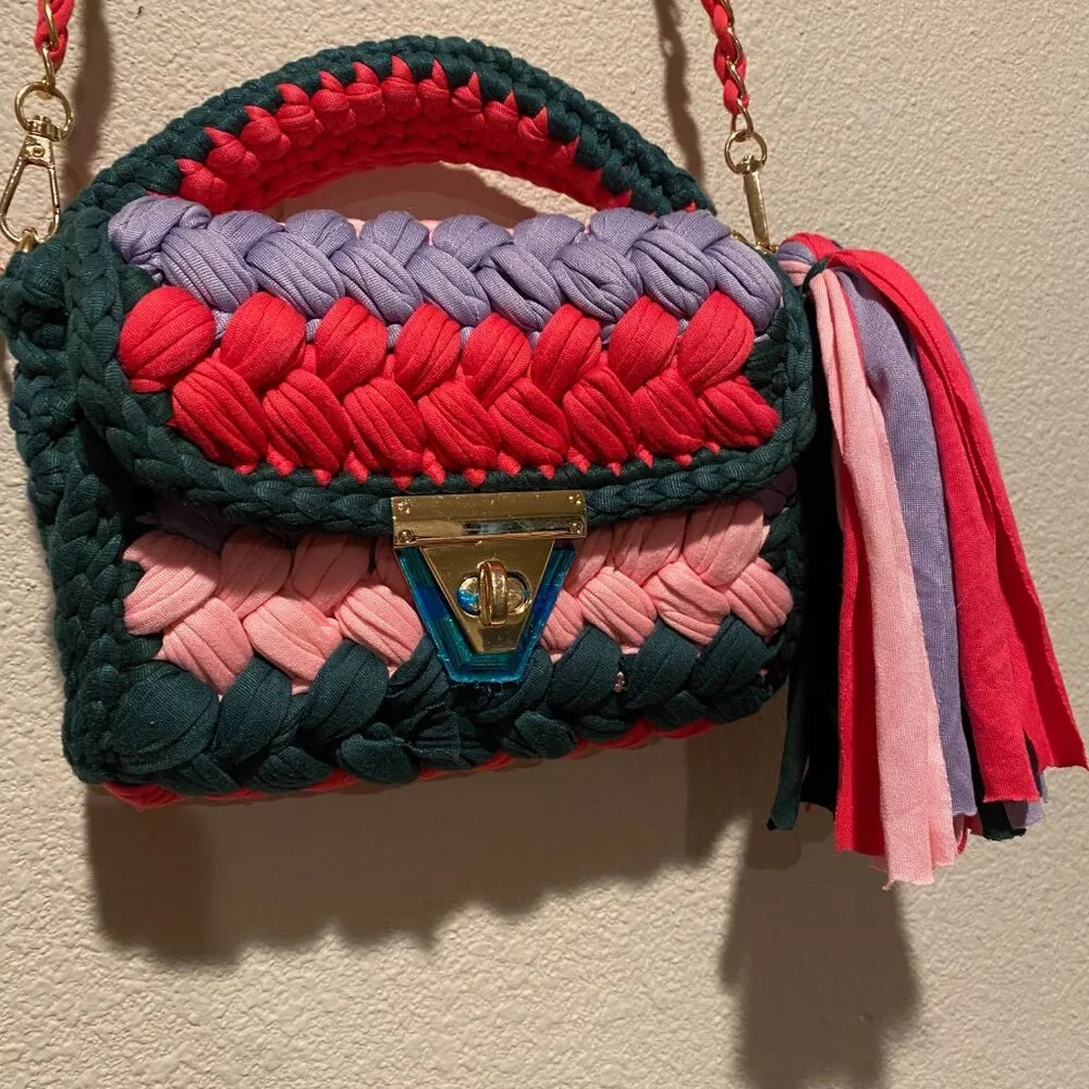 Colorful‎ Braided Crochet Shoulder Purse  Handmade Summer Bag 7x8